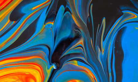Fluid art painting. Blue, golden, red, yellow, orange.の写真素材