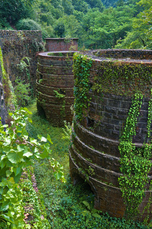Overgrown, moss-covered stone structure, likely an old industrial or historical site.の写真素材