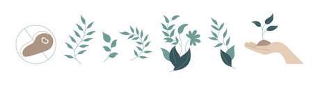 Set of green symbols with leaves and hand.のイラスト素材