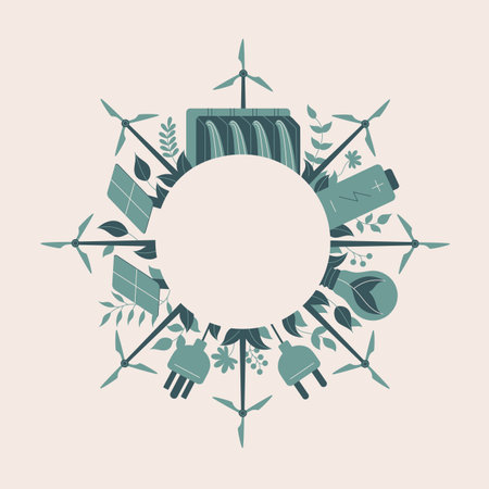 Vector flat art illustration featuring a circular arrangement of renewable energy elements.のイラスト素材