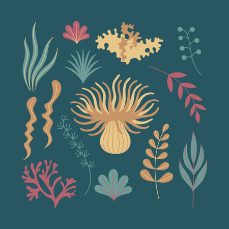 Vector flat art illustration featuring various abstract botanical and underwater inspired elements.のイラスト素材