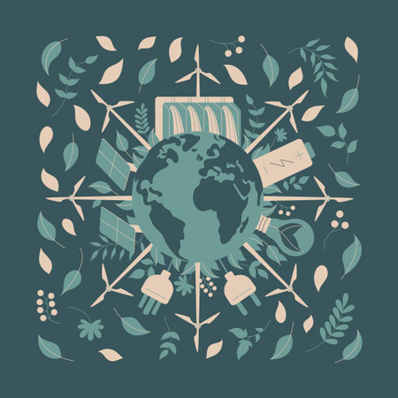 Vector flat art illustration featuring a globe surrounded by symbols of renewable energy.のイラスト素材