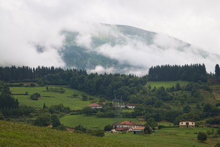 A serene rural landscape in the north of Spain, featuring rolling green hills.の写真素材