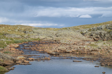 A serene photo of a rocky stream flowing through a rugged landscape.の写真素材