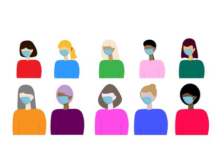 A woman is wearing a medical mask during a coronavirus epidemic. Set of 10 masked women.のイラスト素材