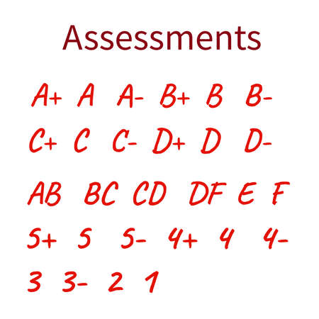 Vector illustration - assessments. School grades results in red on white background.のイラスト素材