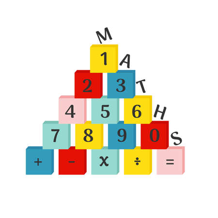 Colorful numbers from 0 to 9 with mathematical operations on blocks. Vector illustration on white background.のイラスト素材