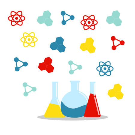 Set icon chemicals, chemistry, laboratory, jars, beakers, flasks elements of the molecule Vector illustrationのイラスト素材