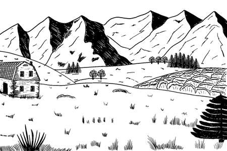 Wood cabins in mountain landscape vector illustration. Hand drawn image conceptのイラスト素材