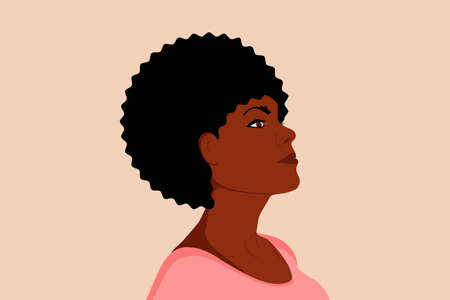 Beautiful black woman. Young african american woman keep her head up. Beautiful face and hairstyle. Side view. Isolated on a beige backgroundのイラスト素材