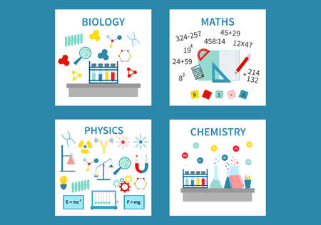 Back to school information cards set. Student template of flyear, magazines, posters, book cover, banners. College education concept. Flat vector illustrationのイラスト素材