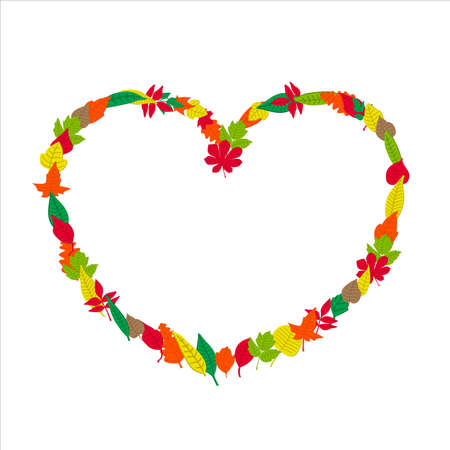 Colorful autumn leaves frame in the shape of a heart. Vector illustration on white backgroundのイラスト素材