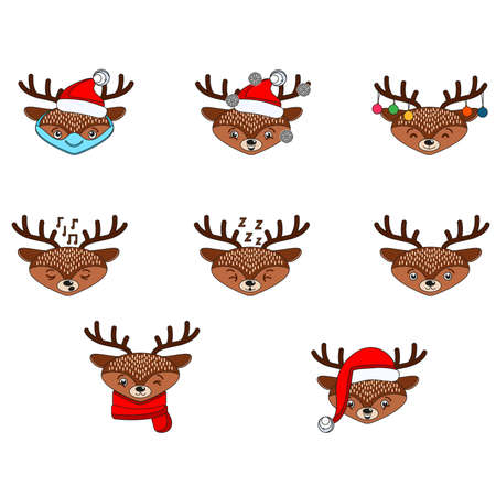 Reindeer face Christmas vector illustration set. Moving deer collection. Animals back, in profile and full face. Holiday icons.のイラスト素材