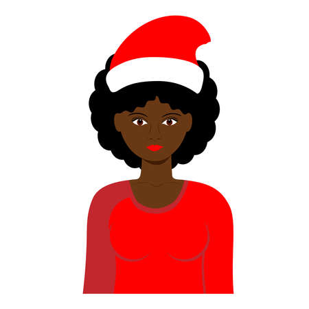Black girl, African American woman with Christmas Santa hat. vector illustration.のイラスト素材
