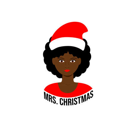 Black girl, African American woman with Christmas Santa hat. vector illustration.のイラスト素材