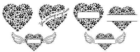 dog memorial sign. pet vector illustration. Paw prints and sad quotes. Isolated designs on white backgroundのイラスト素材