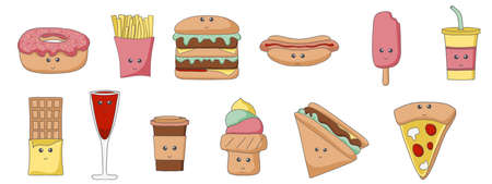 Set of cute kawaii fast food meal. Vector illustrations on white background. Kawai and cute food illustration for app, UIのイラスト素材