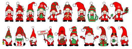 Set of 20 Christmas little gnomes on a white background. Merry Christmas Postcard with gnomes. Winter holiday vector illustration. New year Doodle cartoon style. Cute gnomes in santa hats.のイラスト素材