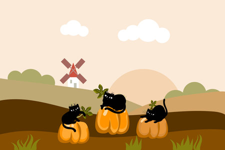Autumn landscape with pumpkins and black cats.のイラスト素材