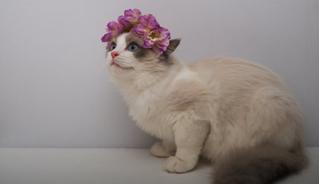 Cat in a wreath of purple flowers.の写真素材