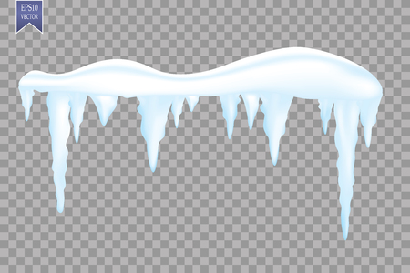Set of snow icicles, snow cap isolated on transparent background. Snowy elements on winter background. Vector template in cartoon style for your design.のイラスト素材