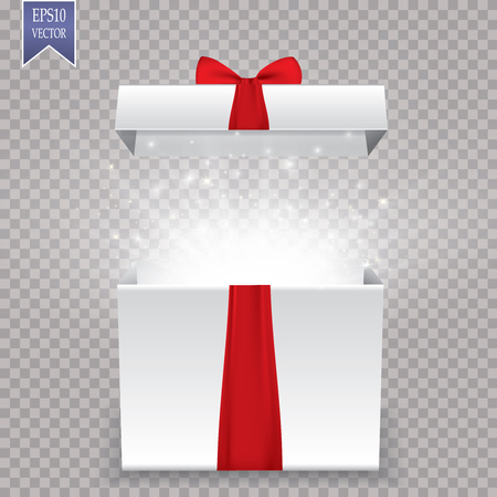 Opened realistic gift box with purple bow and abstract light. Vector illustration.のイラスト素材