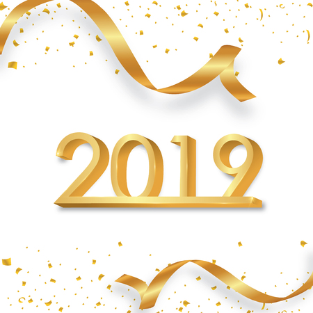 Happy New Year 2019. Golden 3D numbers with ribbons and confetti on a white backgroundのイラスト素材