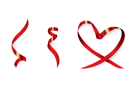 Christmas, Valentine s Day red confetti with ribbon on a white background. Falling shiny confetti glitters. Holiday Party Design Elements.のイラスト素材