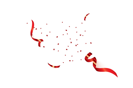 Christmas, Valentine s Day red confetti with ribbon on a white background. Falling shiny confetti glitters. Holiday Party Design Elements.のイラスト素材