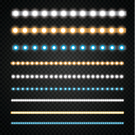 Various LED stripes on a black and transparent background, glowing LED garlands.のイラスト素材