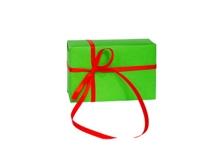 Gift green box with a red bow on a white background. Isolateの写真素材