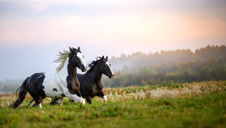 Two horses, black and piebald, gallop across a green field.の素材