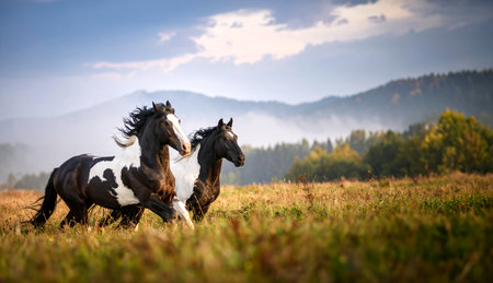 Two horses, black and piebald, gallop across a green field against the backdrop of mountainsの素材