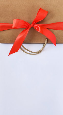 Kraft paper bag with a red bow on a white backgroundの写真素材