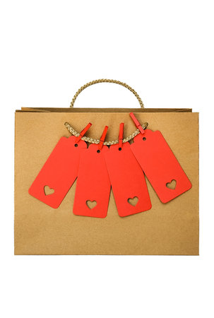 A craft bag with space for writing stands on a white background. Isolateの写真素材