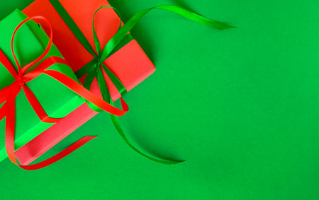 Green New Years background with space for text and gifts. Top view.の写真素材