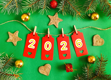 Green New Years card with space for text. Top view.の写真素材