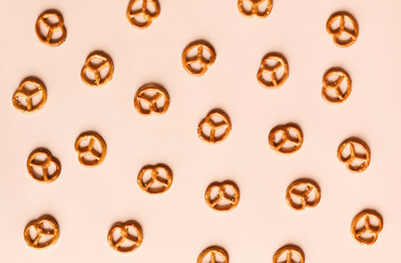 Set of salted pretzels, holiday snacks, isolated on white, top view, patternの写真素材