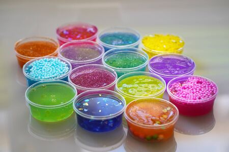 Set of kids gunk toy, close up view, make slime at homeの写真素材