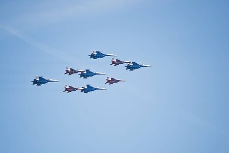 Russian aerobatic performance demonstrator team Swifts in the sky.