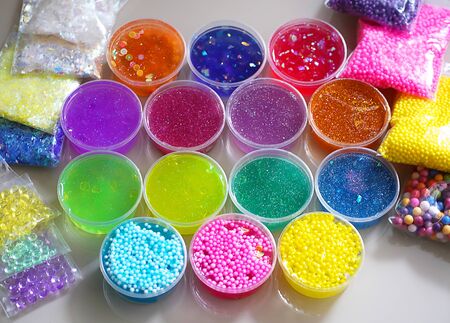 Set of kids gunk toy, close up view, make slime at homeの写真素材