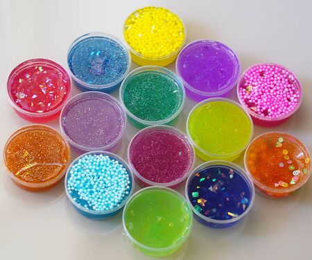 Set of kids gunk toy, close up view, make slime at homeの写真素材