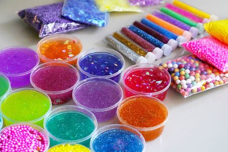 How to make fluffy slime at home, close up view.の写真素材