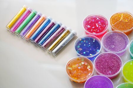 How to make fluffy slime at home, close up view.の写真素材
