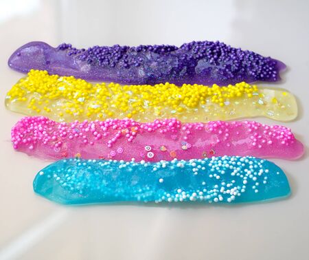 How to make fluffy slime at home, close up view.の写真素材