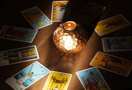 tarot cards, fortune telling rite with occult and esoteric symbols.のeditorial素材