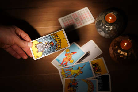 tarot cards, fortune telling rite with occult and esoteric symbols.のeditorial素材