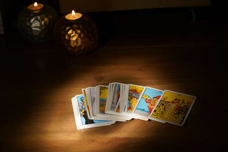 tarot cards, fortune telling rite with occult and esoteric symbols.