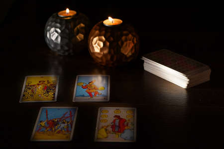 tarot cards, fortune telling rite with occult and esoteric symbols.のeditorial素材