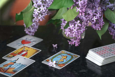 Still life with Tarot cards layout on witch table. Esoteric concept and astrology. High quality photoのeditorial素材